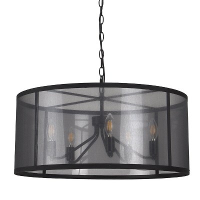 PAKOKULA 5-Light Black Farmhouse Candlestick Branch Chandelier with Black Fabric Drum Shade