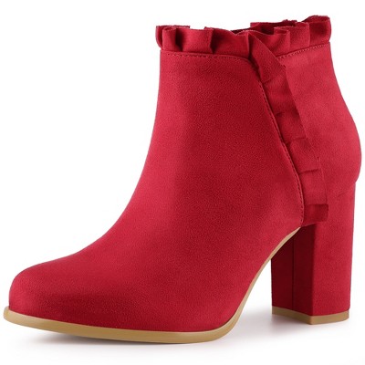 Perphy Women's Ruffle Round Toe Zippered Chunky High Heel Ankle Boots