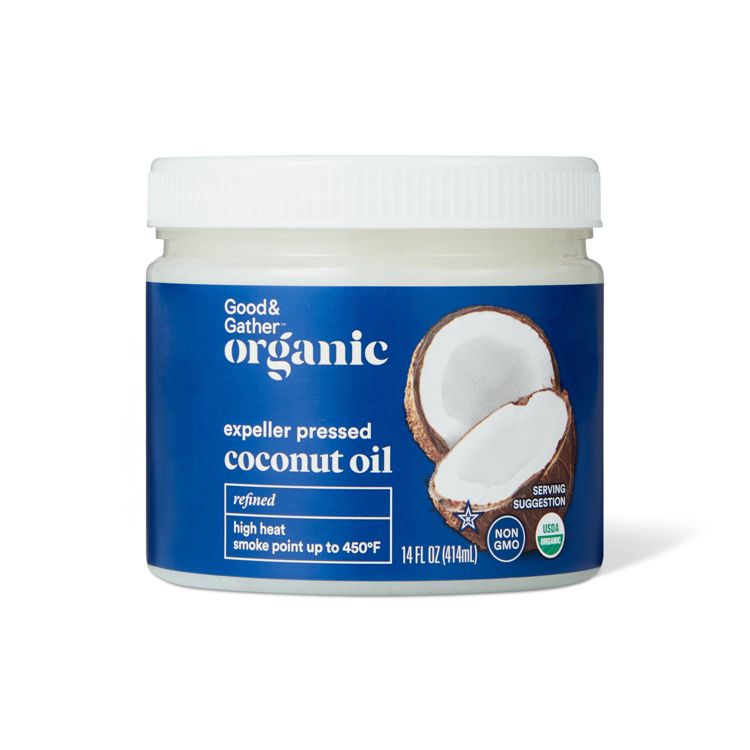 A jar of Good & Gather organic expeller pressed coconut oil with a blue label showing a coconut image and text indicating it is refined, high heat, with a smoke point up to 450°F, and 14 FL OZ (414 mL).