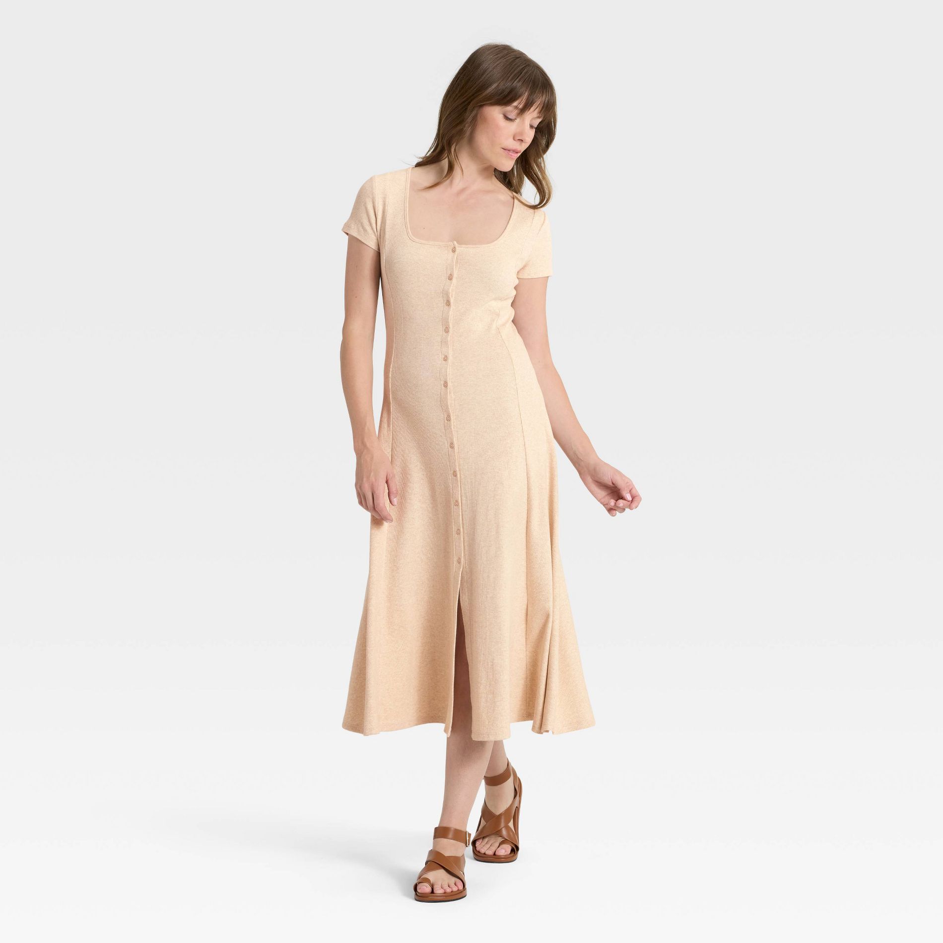 Women's Short Sleeve Knit Button-Front Midi A-Line Dress - Universal Thread™ Cream L