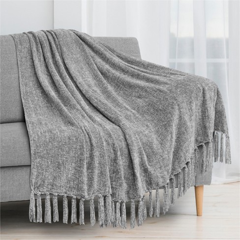 PAVILIA Chenille Throw Blanket with Woven Knitted Tassel Fringe for Couch Living Room Decor and Bed Light Gray Twin 60x80