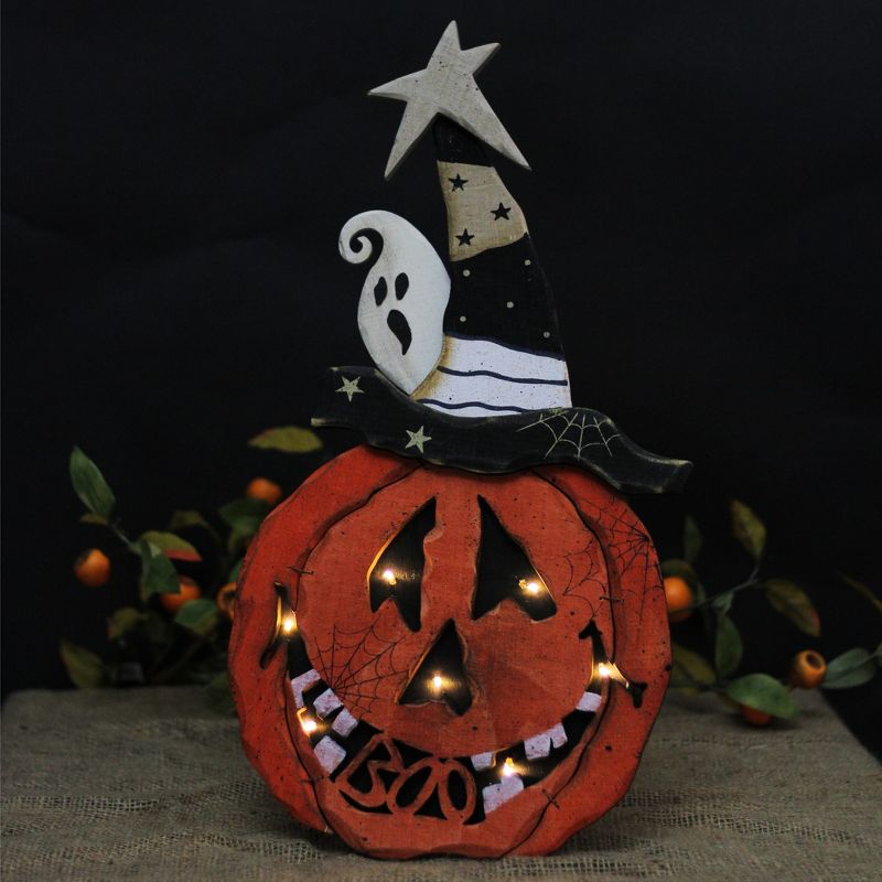 Northlight 13" Prelit LED Battery Operated Pumpkin Standing Wood Halloween Decoration - Black/Orange, 3 of 6