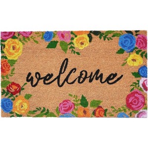 HomeRoots 24" X 36" Natural and Black Coir Floral Welcome Outdoor Door Mat - 1 of 3
