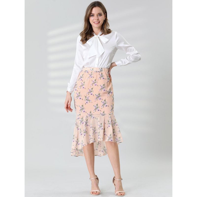 Allegra K Women's Floral High-Low Elastic Waist Ruffle Hem Flowy Midi Chiffon Skirt, 3 of 7