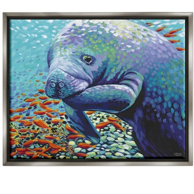 Stupell Industries Underwater Manatee Impressionist Framed Floater Canvas Wall Art