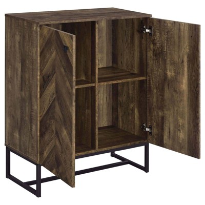 Rustic Oak and Gunmetal Herringbone Accent Cabinet with Adjustable Shelving