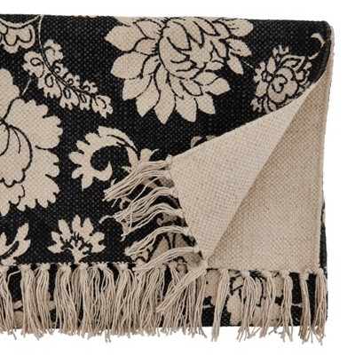 Black Floral Cotton Table Runner with Fringe, 16"x72"