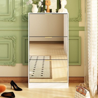 Famapy Shoe Cabinet White Mirror Design 3 Tier Flip Door Shoe Rack Cabinet Organizer