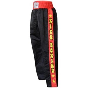 Amber Fight Gear Nylon/Satin Kickboxing Pants Featuring 3" Boxing Style Waistband and Drawstring, and Durability, Black/Red/Yellow, Small - 1 of 2