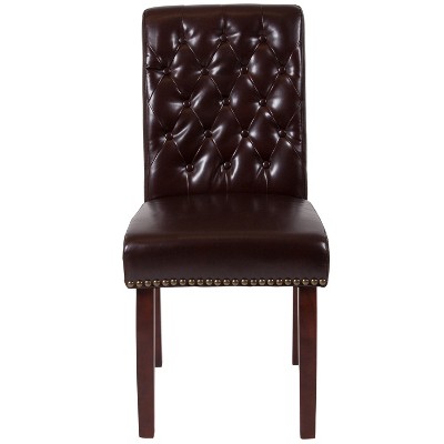 Brown Leather Parsons Side Chair with Walnut Finish