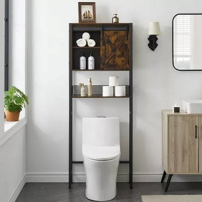 Garvee Over The Toilet Storage Cabinet, Bathroom Above Toilet Storage Wood Cabinet With Sliding Barn Door, Large Capacity, Brown