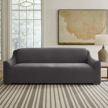 Sure Fit Hampstead Stretch Velvet Extra Large Sofa Machine Washable Couch Cover Charcoal Gray