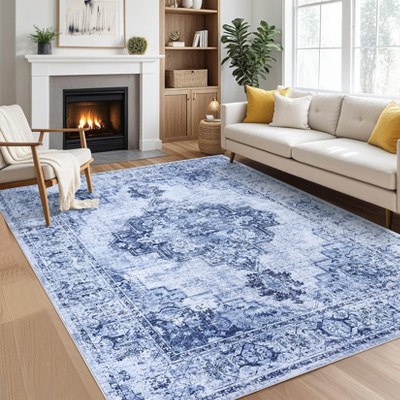 Soft Vintage Low Pile Large Washable Area Rug, Farmhouse Non-Slip Indoor Rugs for Living Room Bedroom