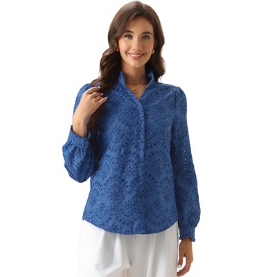 INSPIRE CHIC Women's Long Sleeve Ruffled Mock V Neck Button Down Swiss Shirts
