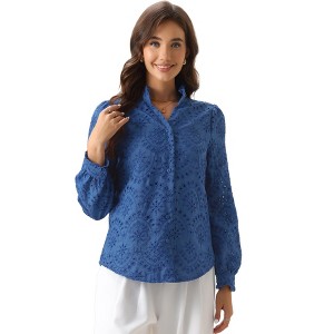 INSPIRE CHIC Women's Long Sleeve Ruffled Mock V Neck Button Down Swiss Shirts - 1 of 4