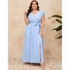 Plus Size Women's Cross V Neck Flutter Sleeve Dress with Belt High Slit Flowy Summer Maxi Dress - 4 of 4
