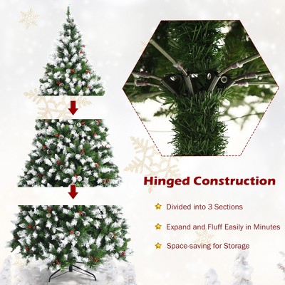 6ft Green Pre-Lit Snow Flocked Christmas Tree with Pine Cones and Red Berries