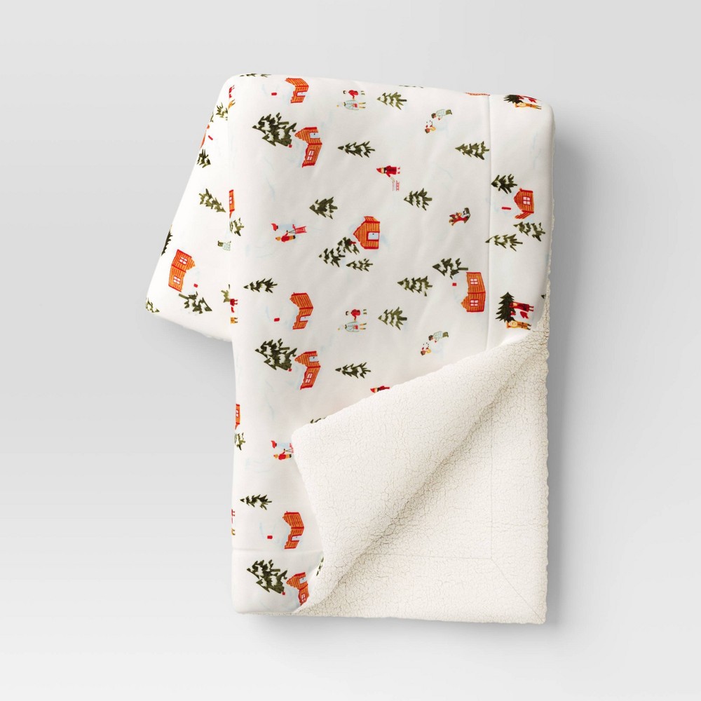 Winter Scene Printed Plush with Faux Shearling Reverse Throw Blanket White/Red - Threshold™