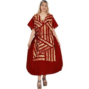 LEELA Women's Summer Holiday Beach Casual Dailywear Elegant Maxi Kaftan Dress Caftan Loungewear Dashiki House Dresses for Women 3X-4X Red, Stripe - 1 of 4