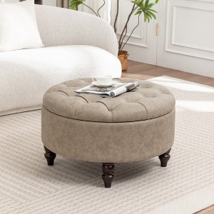SEYNAR 29.5''Modern PU Leather Round Storage Ottoman with Wood Legs - 1 of 4