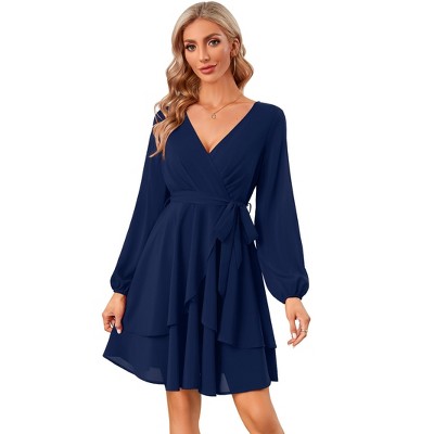 Elegant Dress for Lady Wrap Deep V Neck Dress Long Lantern Sleeve Waist Tie Skater Dress