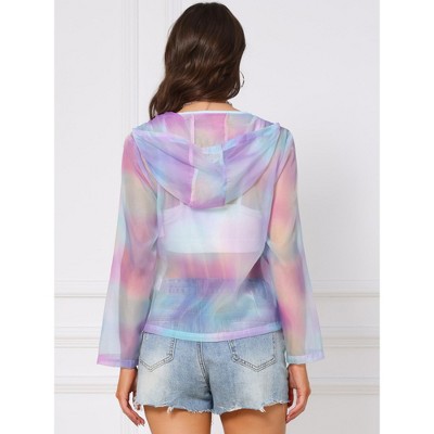 INSPIRE CHIC Women's Mesh Sheer Hooded Long Sleeve Zipper Party Casual Jacket with Pockets Large Purple Green — фото 3