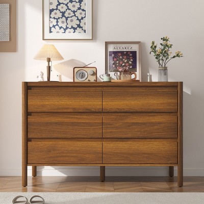 FUFU&GAGA Mid - Century Modern 6 - Drawer Wooden Dresser Storage Cabinet - Brown Finish, Spacious Storage