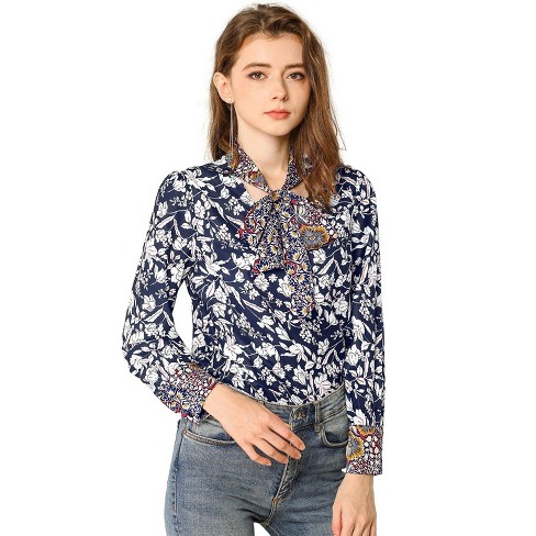 Allegra K Women's Boho Floral Printed Shirts V Neck Pussybow Blouse Top - image 1 of 4