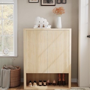 Shoe Storage Cabinet for Entryway, Slim Wooden Shoe Organizer with Fluted Doors & Adjustable Shelves, Narrow Shoe Rack for Hallway, Porch, Oak - 1 of 4