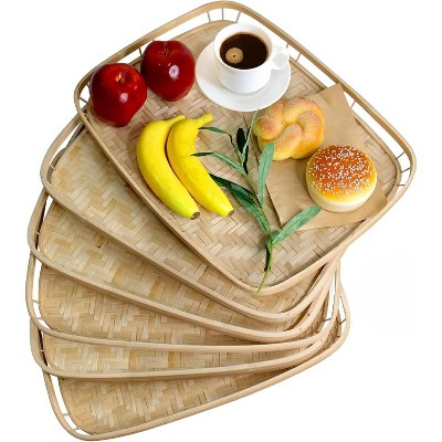 Attop Set of 4 Bamboo Wicker Serving Trays for Foods & Drinks, Rectangular Breakfast Lap Trays