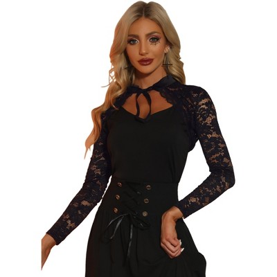 Allegra K Women's Tie Neck Lace Long Sleeves Crop Gothic Bolero Shrug Black  Small : Target