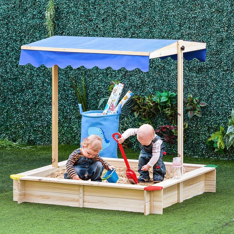 Outsunny Wooden Sandbox w/ Adjustable Canopy, Children Outdoor Playset Weather Resistant 47" L x 47" W x 47" H, Natural & Blue, 3 of 9