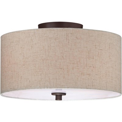 Regency Hill Modern Ceiling Light Semi Flush Mount Fixture Bronze 14" Wide Off White Fabric Drum Shade Acrylic Diffuser Bedroom