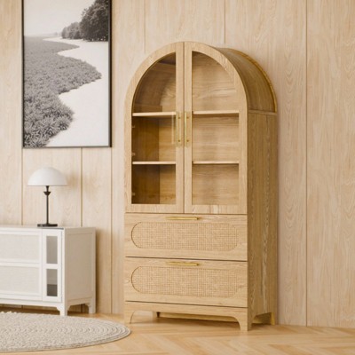 INFURNIC Decorative Storage Cabinets Storage Display Cabinet With Rattan Drawer And Storage Shelf, Arched Cabinet, Brown, 15.4"*30.7"*63"
