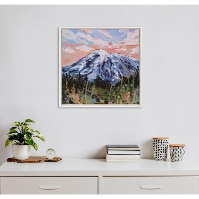 Mount Rainier Colorful Landscape Canvas Print with White Frame, 22x22
