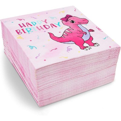 Blue Panda 100 Pack Pink Dinosaur Disposable Paper Napkins 6.5" Kid Birthday Party Supplies