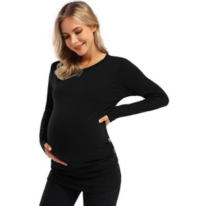 Long sleeved pleated button pregnant women's top T-shirt, non vacuum black black_2XL - 1 of 2