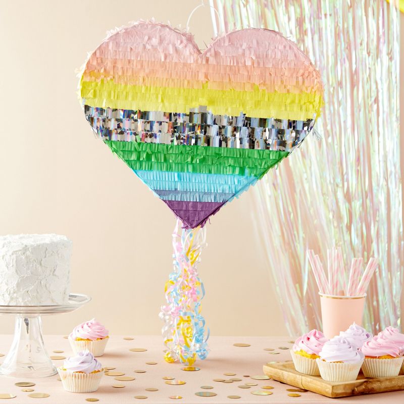 Sparkle and Bash Pull String Rainbow Heart Pinata for Pastel Birthday Party Decorations, Small, 15.7 x 13 x 3 In, 2 of 9