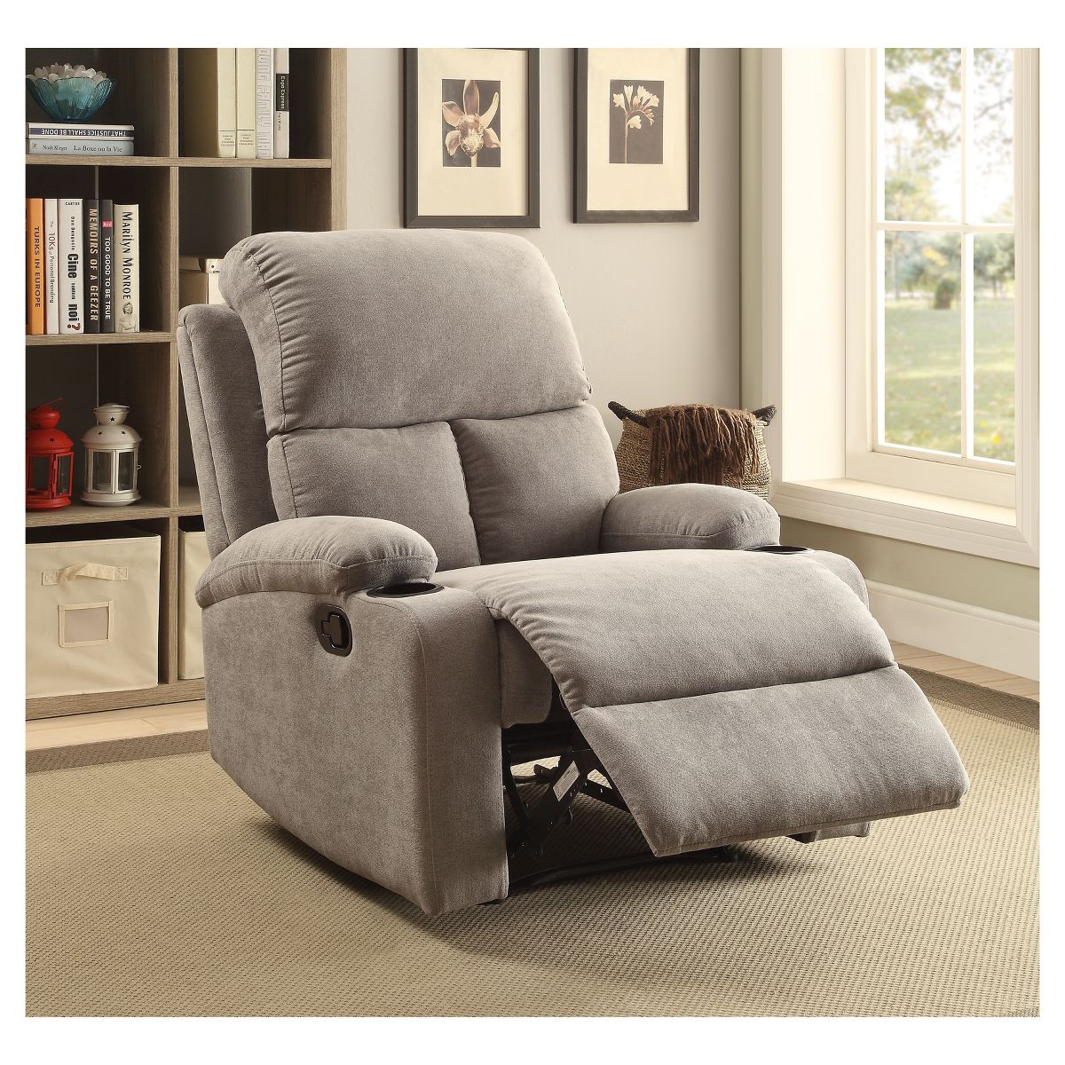 Rosia Linen Side Lever Recliner Gray - Acme Furniture: Microfiber, Side Handle, Cup Holders - thumbnail 2
