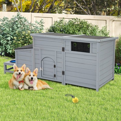 Sandinrayli 2-in-1 Outdoor Wood Dog House with Feeding Bowls, Large Dog Kennel, Gray