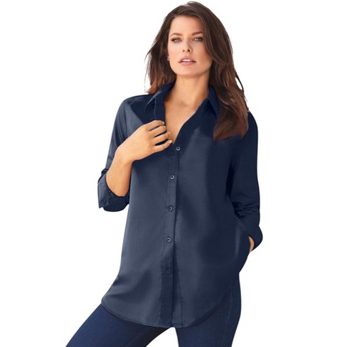 Roaman's Women's Plus Size Long-sleeve Kate Big Shirt, 44 W - Navy