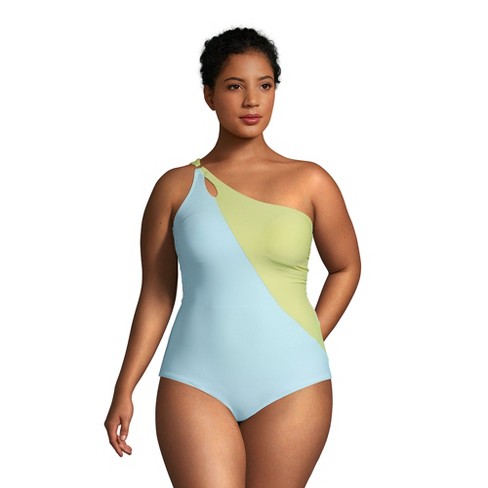 Lands' End Women's Plus Size Chlorine Resistant Tummy Control One Shoulder  One Piece Swimsuit Adjustable Strap - 26w - Paradise Aqua/ Lemon Lime :  Target