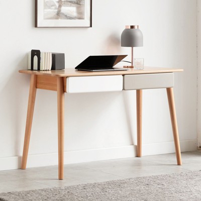 NicBex Solid Wood Computer Desk, Slim Design with 2 Drawers, Natural Wood Finish for Home Office or Study, Natural