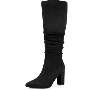 BLISSFUL STEP Wrinkled Pointed Toe Chunky Heel Knee High Boots for Women - 1 of 4