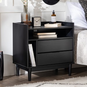 Medieval-modern style solid wood double-drawer gallery bedside table, a stylish storage unit for the bedroom, black bedside table - 1 of 4