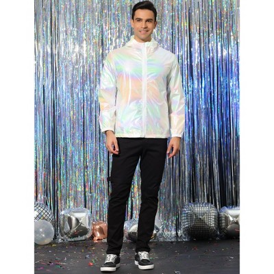 INSPIRE CHIC Men's Metallic Lightweight Zip Up Holographic Hooded Jackets X Large White — фото 3