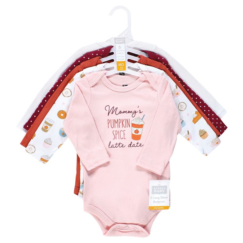 Hudson Baby Infant Girl Cotton Long-Sleeve Bodysuits, Pumpkin Spice Date, 3 of 9