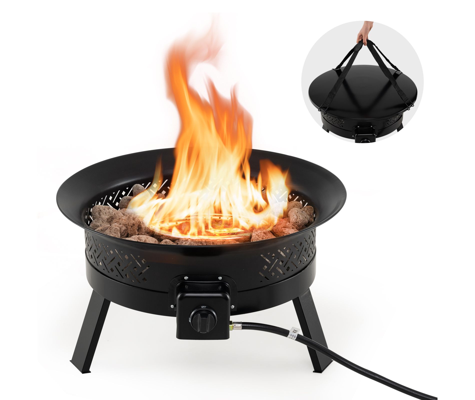 Costway 24.5 Inch Portable Propane Fire Pit w/Carry Strap Lid Folding Legs for Camping