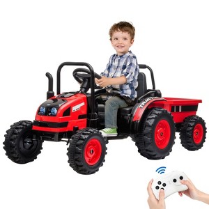 12V Kids Ride-On Tractor with Trailer, Remote Control, Music, Rear Wheels Suspension-Battery Powered Electric Vehicle Toy - 1 of 4