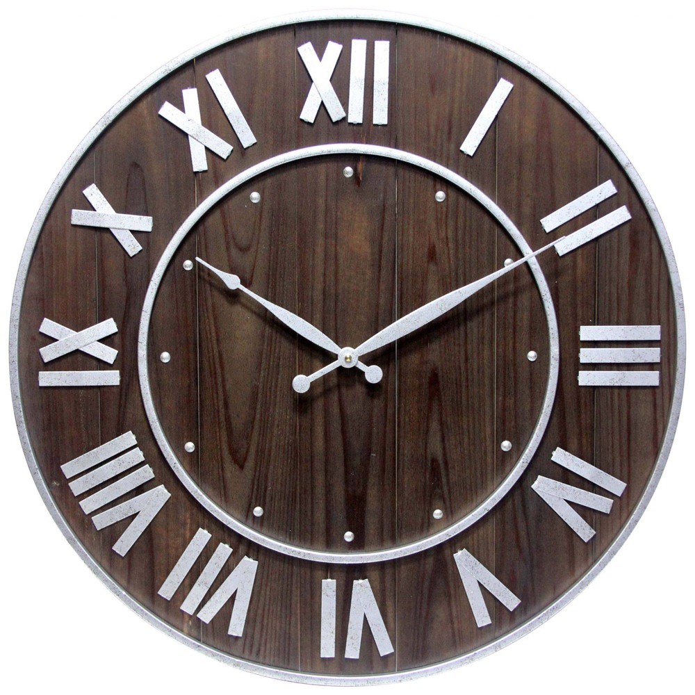 Photos - Wall Clock 23" Wine Barrel Wood/Metal  Dark Brown - Infinity Instruments